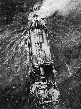 aerial photo of Merchant Navy ship Andex sinking after attack by a German U-Boat