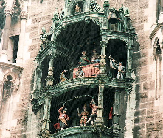 close-up of the Rathaus-Glockenspiel show at The Marienplatz, Munich