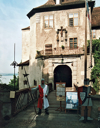knight guarding entrance to a castle in the village of Meersburg on Lake Constance