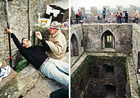 left: man on his back about to kiss the Blarney Stone; right: Blarney Castle, Ireland, showing the opening at the center to kiss the Blarney Stone