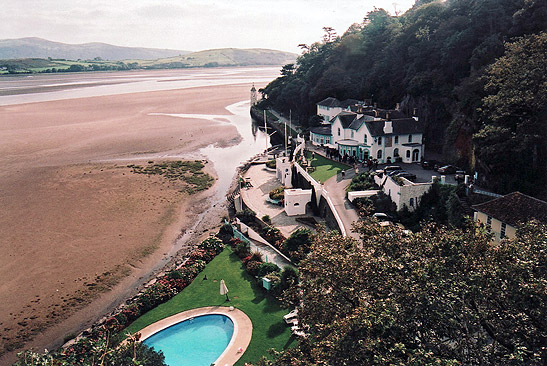 the Hotel Portmeirion along the estuary at low tide