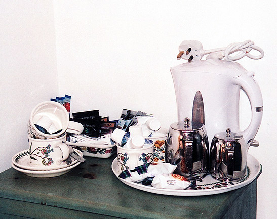 a set of cups and saucers at the writer's hotel room in Port Meirion