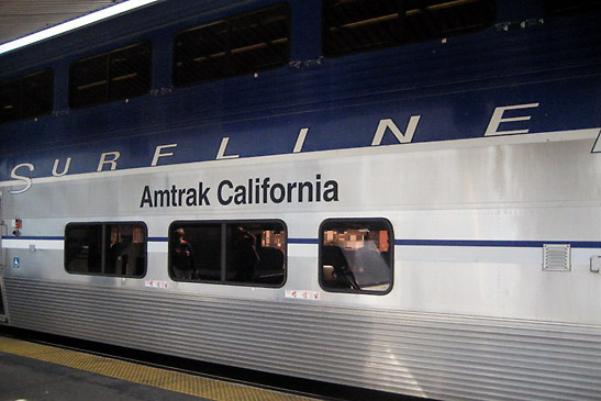 close-up view of a double decker Amtrak Pacific Surf Liner on the LA - San Diego trip