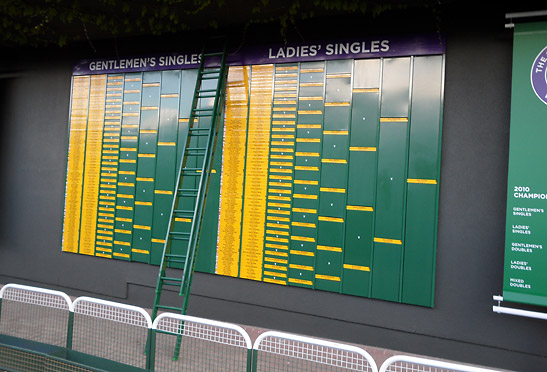 board showing brackets for men's and ladies' singles, Wimbledon