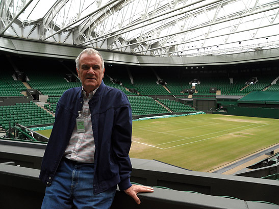 the writer at the stands overlooking Center Court, Wimbledon