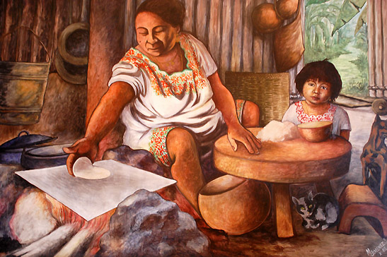 painting showing a Mayan mother making tortillas with her daughter, museum in Cozumel