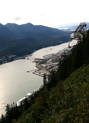aerial view of downtown Juneau along the Gastineau Channel