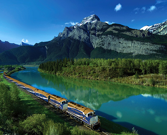 Rocky Mountaineer train passing through the Canadian Rockies