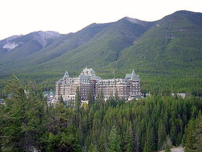 the Fairmont Banff Springs with the Canadian Rockies in the background