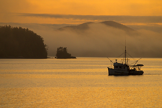 boat in Sitka Sound at sunset
