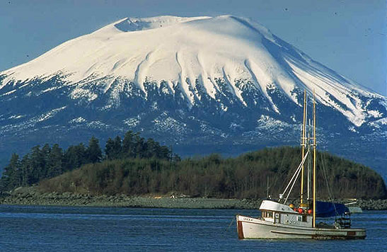 Mt. Edgecumbe with fishing boat in the foreground