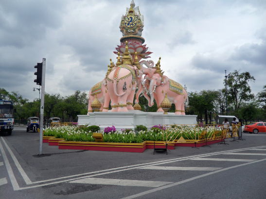 decorative pink elephants at a roundabout