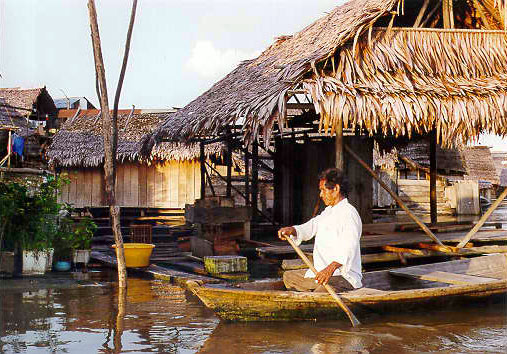 floating houses at Iquitos slum, Amazon River, Peru