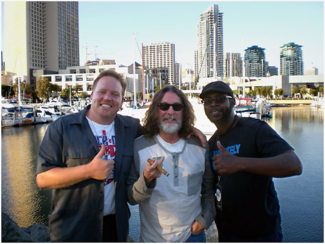 the writer with Lightnin' Malcolm and Cameron Kimbrough at the Embarcadero, San Diego
