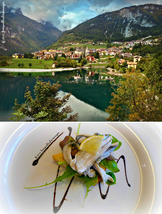 top: village and lake at the Adamello Nature Park; bottom: haute cuisine by Christian Ventorini at the GHT Restaurant