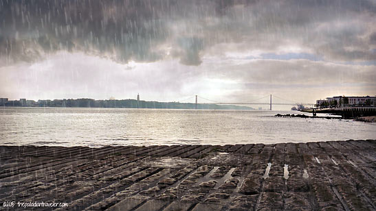 view of the Ponte 25 de Abril from the banks of the Tagus River