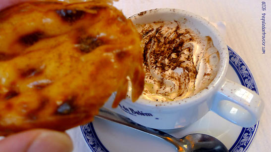 pasteis de belem with single-shot baca topped with whipped cream