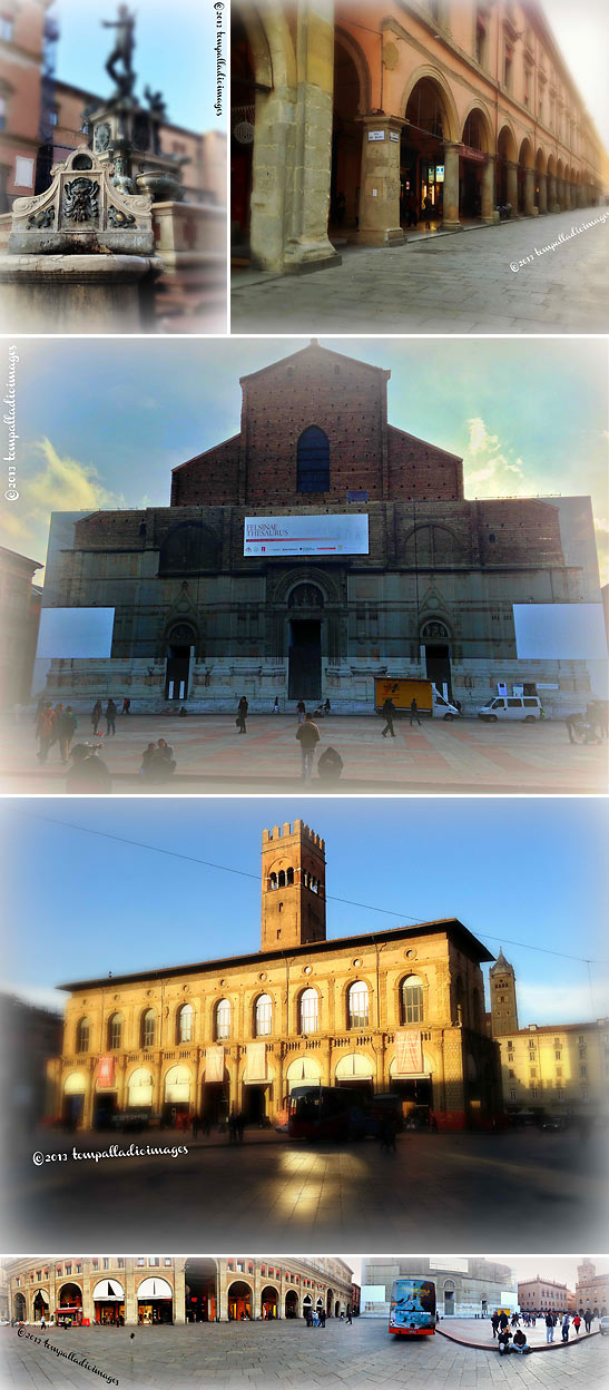 scenes at Bologna's Piazza Maggiore including the Fountain of Neptune, Palazzo D'Accursio, and the Basilica of San Petronio
