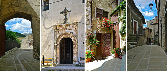 views of Castelluccio's narrow pedestrian-only stone walkways and staircases lined by bedrock homes, shops and restaurants