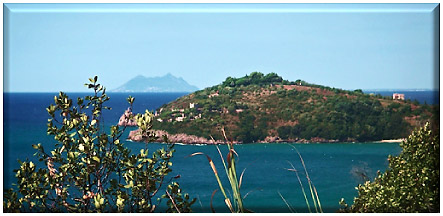 panoramic view along the Riviera di Ulisse at Sperlonga with Capo di Circeo in the far distance