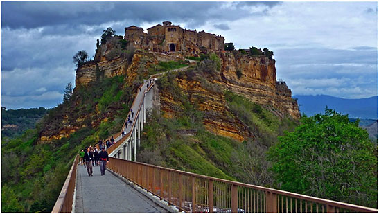 view of Civita di Bagnoregio from the footbridge linking the village to Bagnoregio town