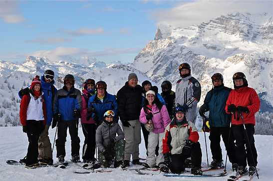 the writer with his skiing friends atop Cristallo, Cortina d'Ampezzo, Italy