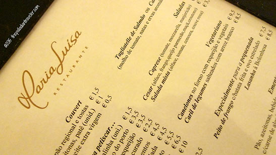 menu at the Maria Luisa restaurant