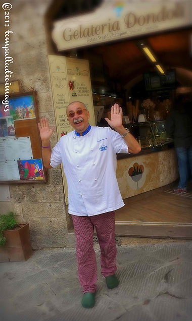 World Champion ice cream maker Sergio Dondoli in front of his Gelateria di Piazza