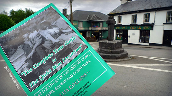 tour guide to The Quiet Man locations with Pat Cohan's Pub at the village of Cong in the background