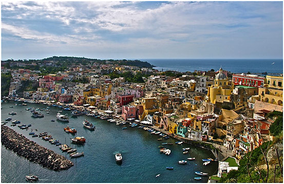 view of Marina Correcella from Terra Murata overlook on Procida