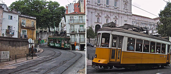 a pair of vintage 1930s trolley/streetcar-like furniculars