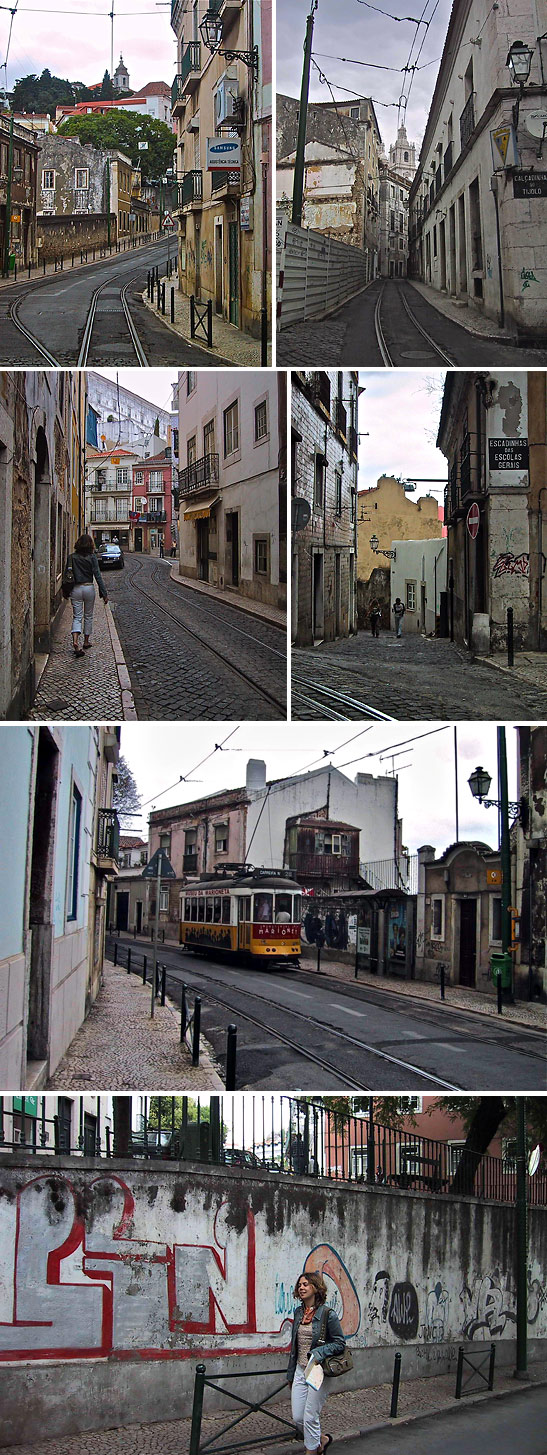 electric trolleys and tracks running through the Old Town quarters of Alfama and Mouraria, Lisbon