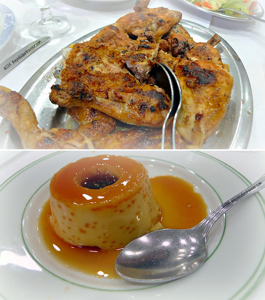 barbecued chicken with spicy-hot chili pepper sauce and Portuguese caramel flan at the A Valenciana