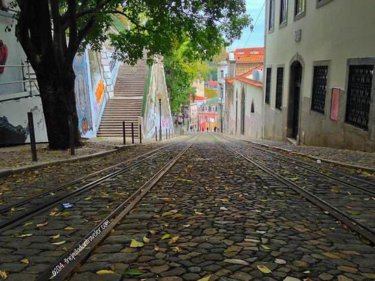looking down on a cobbled street in hilly Lisbon