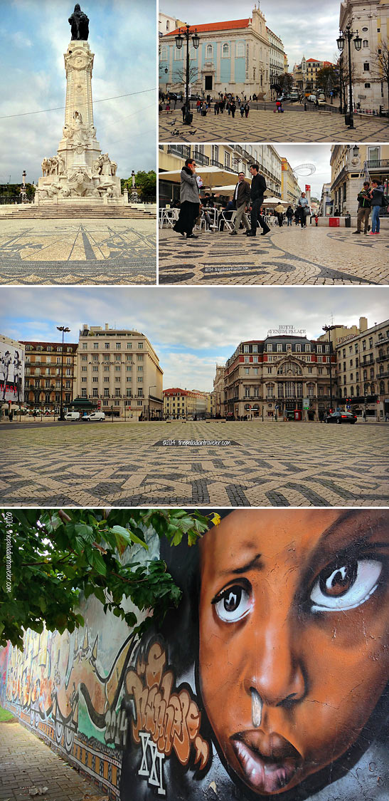 various street scenes in Lisbon showing cobbled streets and colorful street art