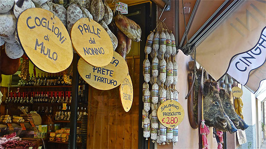coglioni di mulo or mule testicles at a street corner shop in Norcia