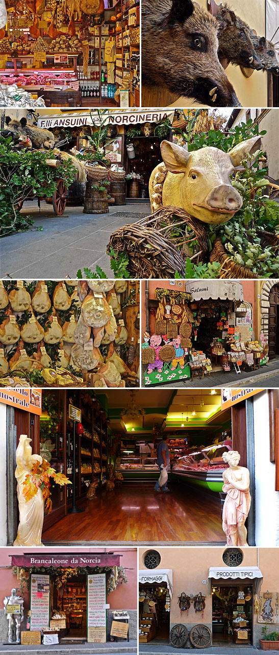 a variety of shops in Norcia including those serving pork products