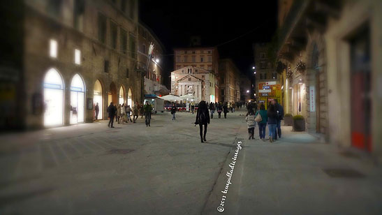 Corso Vannucci, the pedestrians-only street in Perugia's historical center, at night