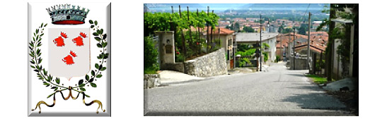 left: coat of arms for the Commune of Piovene Rocchette; right: panoramic view of Piovene down to the valley below