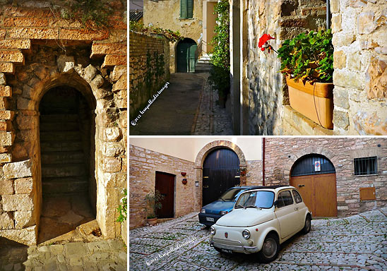 scenes at Spello's historic center including the Venus Gate, tight cobblestone streets and an open courtyard that doubles as a parking lot