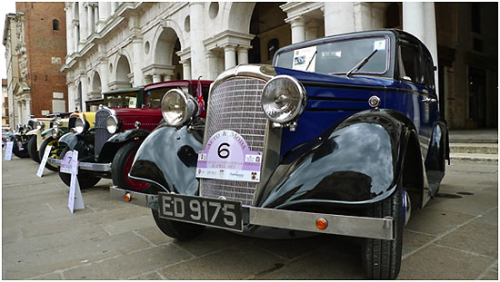 row of vintage cars in front of the Basilica Palladina, Vicenza Auto and Fashion show