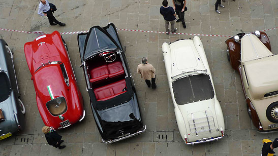 top view of row of vintage cars, Vicenza's April 2013 Auto and Fashion Show