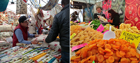 L to R: bedsheets for sale; dried fruit for sale, Vicenza, Italy
