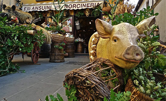 outside the entryway of a pork-only butcher shop in Norcia, Italy