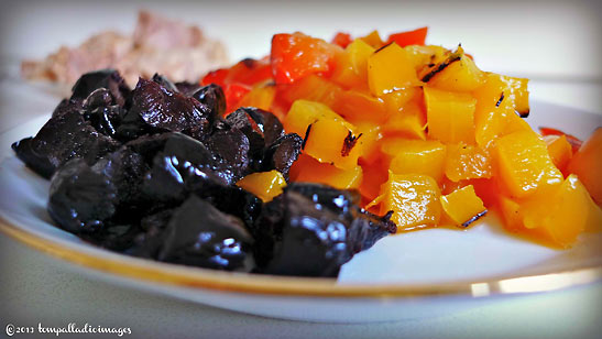 black olives and bell peppers