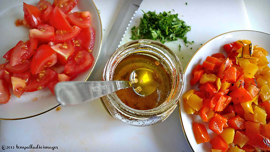 vinaigrette of olive oil, balsamic vinegar, salt and spicy red pepper